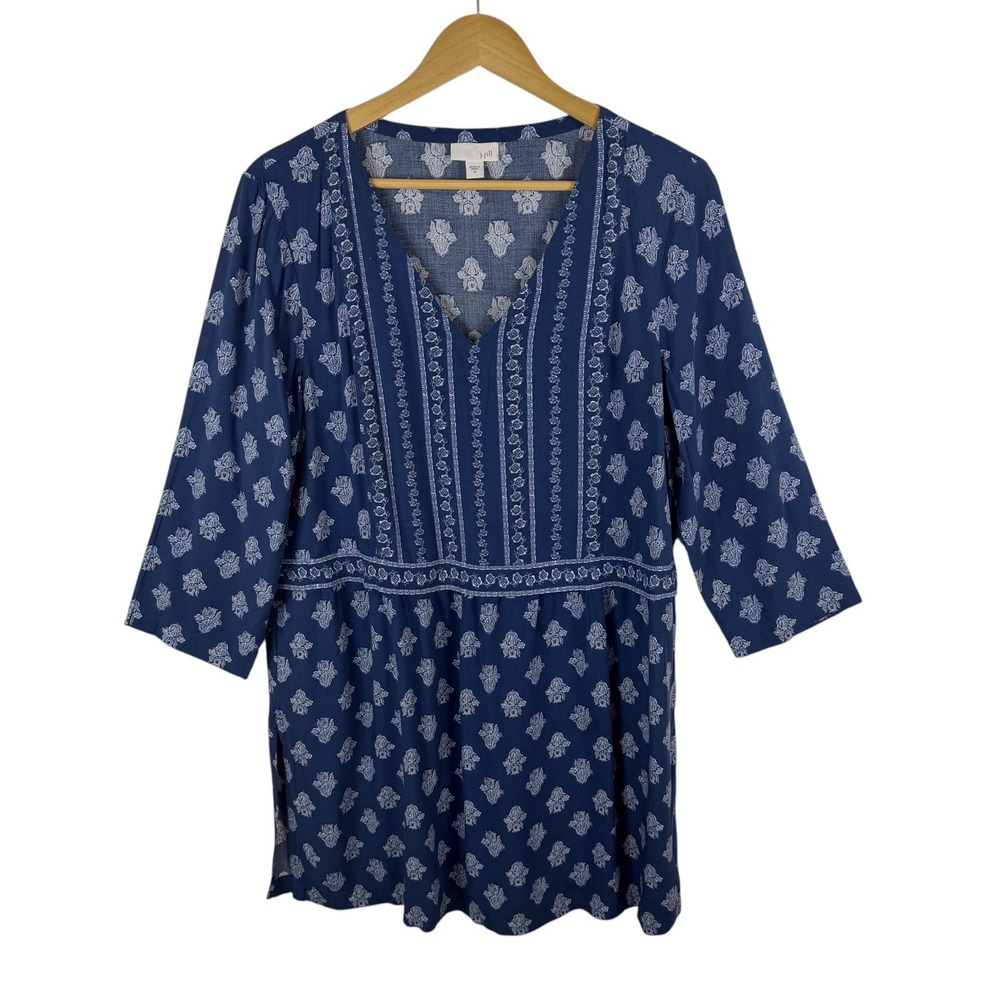 J Jill Blue Floral Block Print Tunic Top Medium Coastal Boho Peasant Lightweight